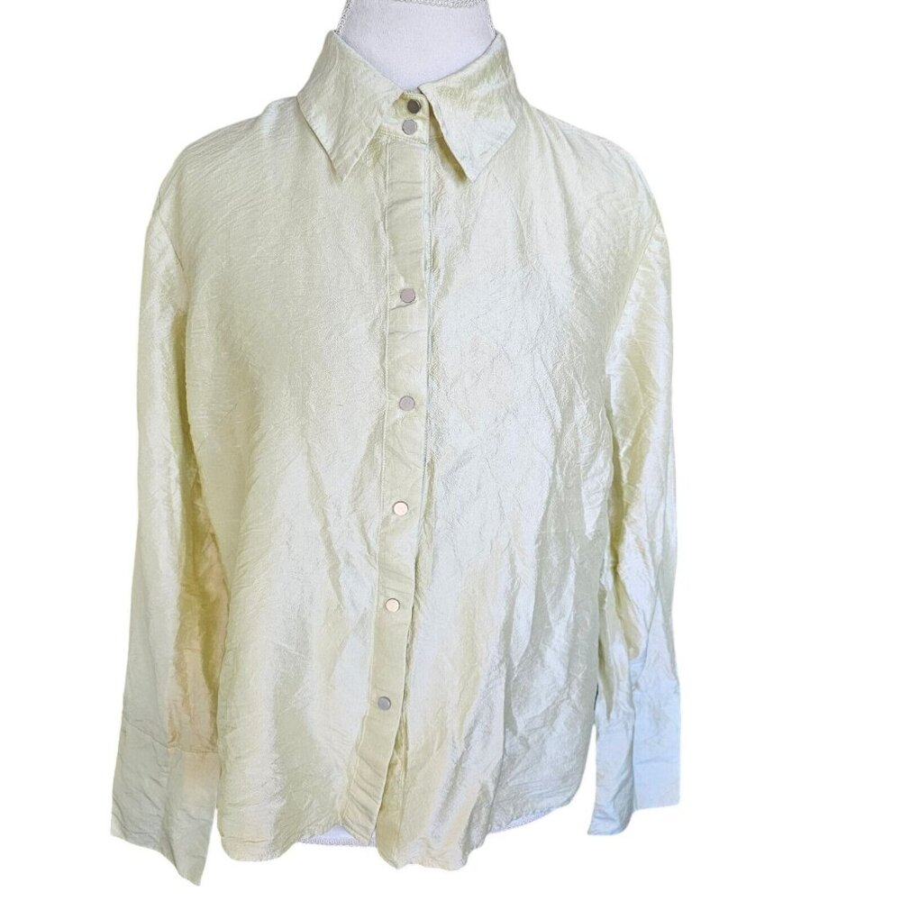 Y2K Raw Silk Shirt Sz‎ XL Petite Snap Light Green Long Sleeve Irridescent Office